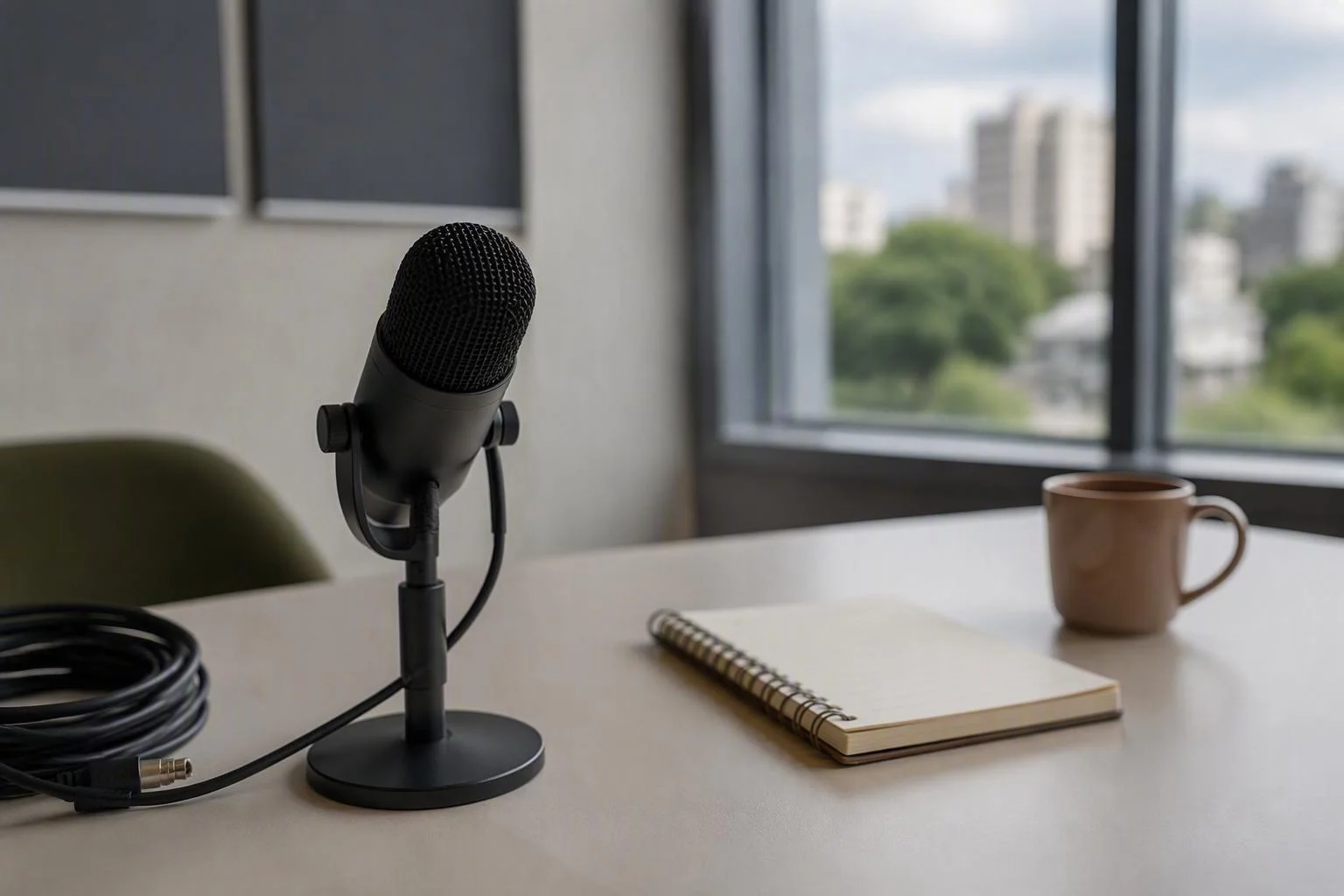 Microfone de mesa ao lado de um caderno de anotações de plantão
