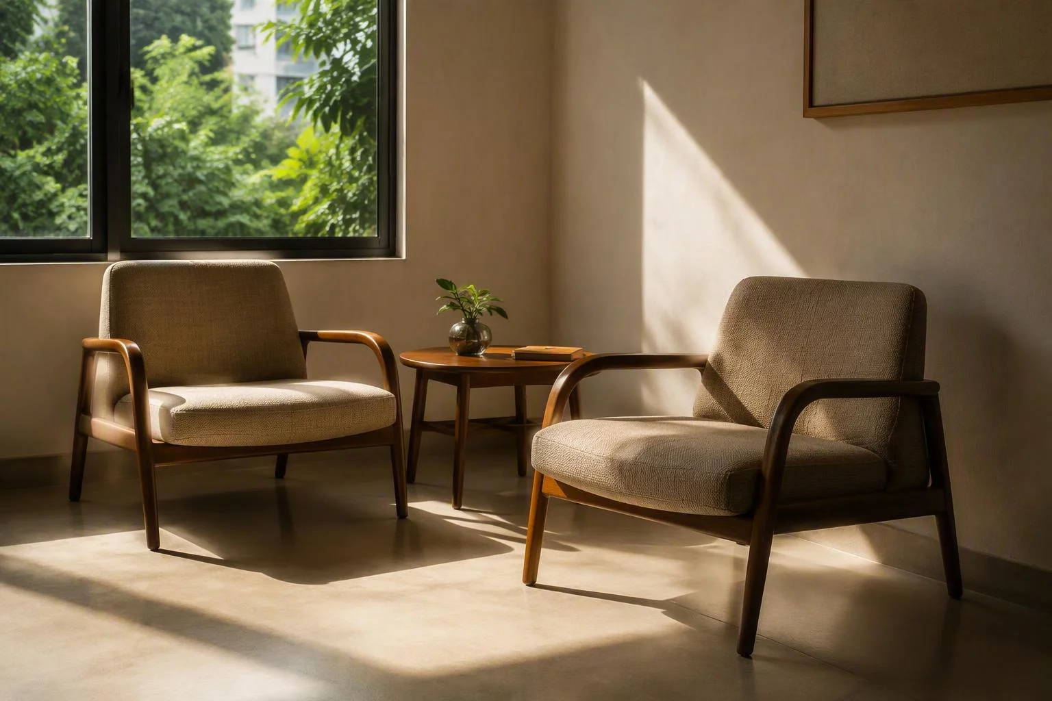 Duas poltronas baixas junto à janela da sala de atendimento