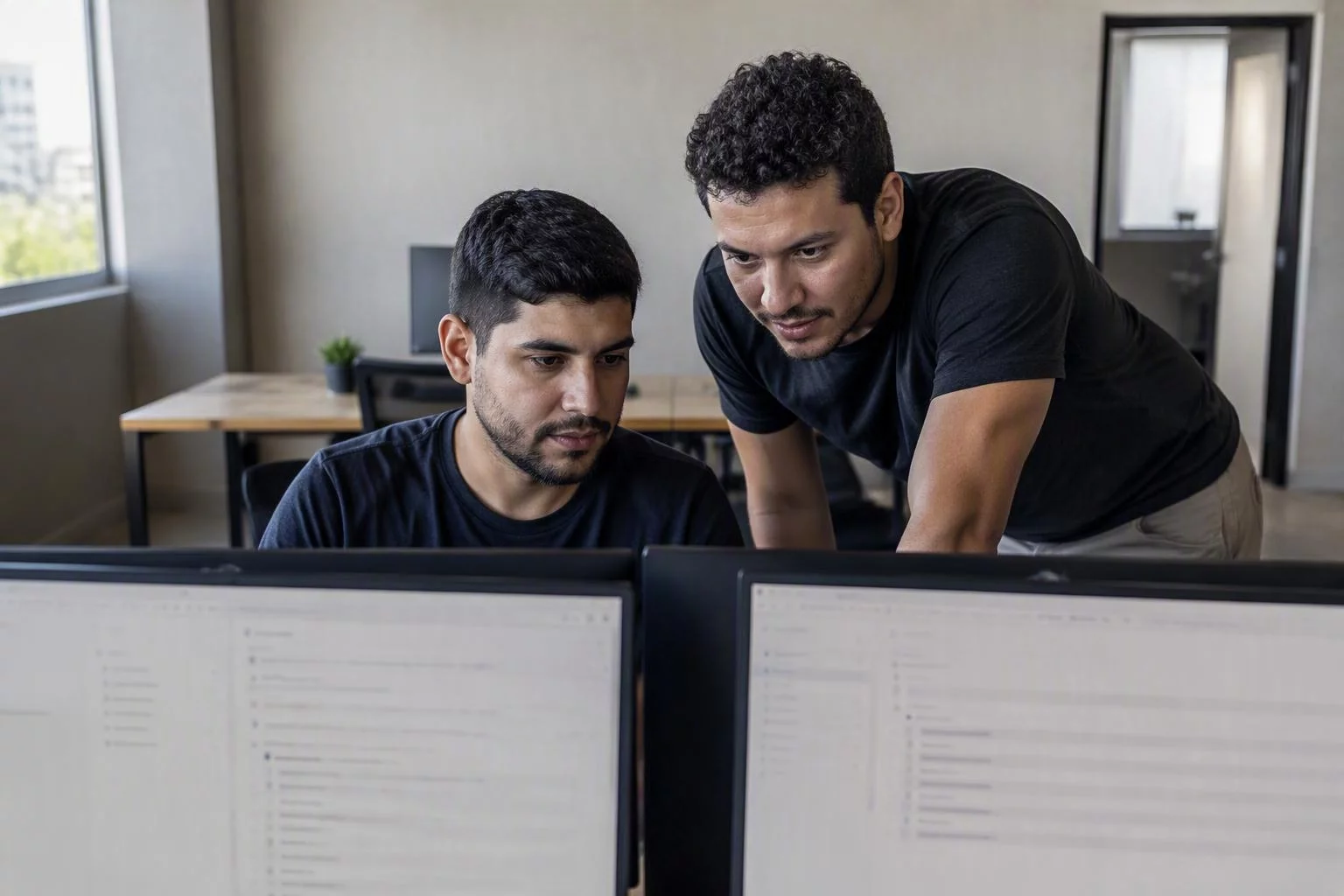 Dois desenvolvedores comparando o retorno de uma integração em duas telas