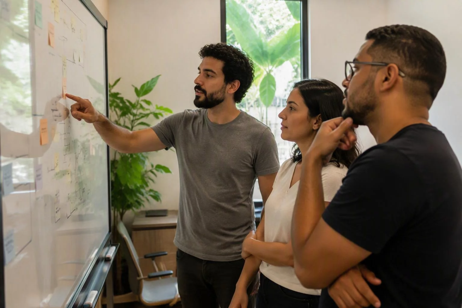Equipe pequena reunida em volta do quadro de ligações entre sistemas